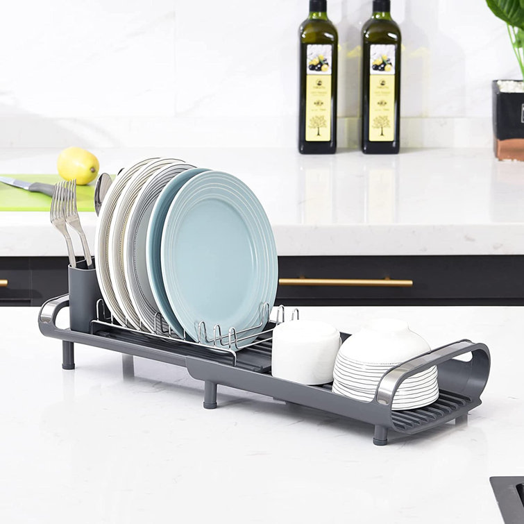 Belfry Kitchen Compact Dish Drainer Expandable Dish Rack Stainless Steel Dish Drying Rack With Removable Cutlery Holder Non Slip Feet Anti Rust Plate Rack Small Sink Drainer For Kitchen Countertop Gre...